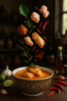AI generated aromatic thai panang curry with chicken fresh ingredients and spices falling into traditional thai bowl rich creamy coconut milk spicy herbs asian cuisine authentic flavor