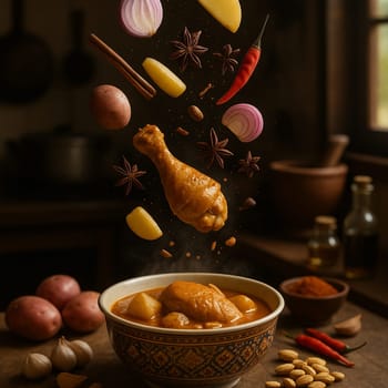 AI generated rich thai massaman curry with chicken and aromatic spices falling into ornate thai bowl creamy coconut milk roasted peanuts warm spices comfort food asian cuisine
