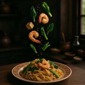 AI generated savory thai pad see ew stir fry with fresh ingredients falling into ornate thai bowl wide rice noodles dark soy sauce chinese broccoli comfort food
