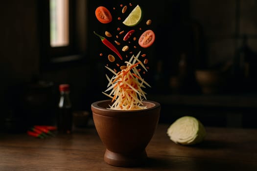 AI generated fresh thai som tum papaya salad ingredients falling into wooden mortar vibrant spicy sour sweet flavors authentic street food healthy crunchy texture