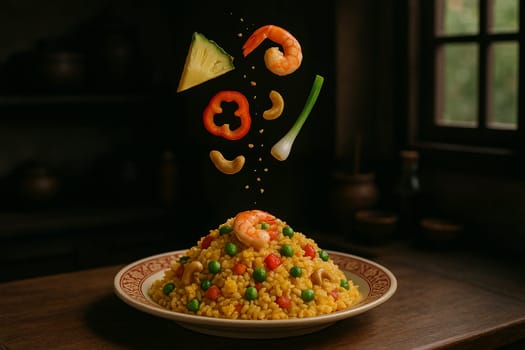 AI generated vibrant thai pineapple fried rice with fresh ingredients falling into ornate thai bowl sweet savory flavors colorful presentation tropical fruits cashew nuts