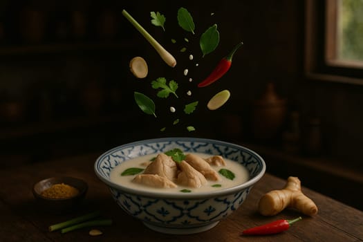 AI generated aromatic thai tom kha gai soup with chicken and fresh ingredients falling into ornate thai bowl creamy coconut milk galangal lemongrass herbal comfort food