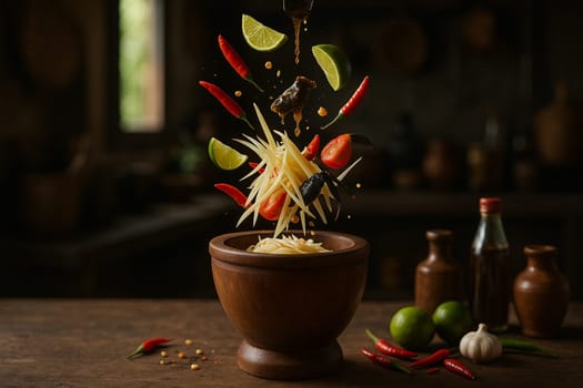 AI generated authentic thai som tum pla ra spicy papaya salad with fermented fish sauce ingredients falling into wooden mortar bold umami flavor iconic street food