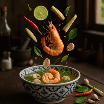 AI generated aromatic thai tom yum talay nam sai with fresh seafood ingredients falling into ornate thai bowl clear spicy lemongrass broth healthy herbs