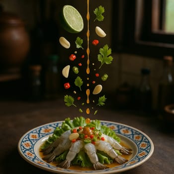 AI generated authentic thai goong chae nam pla featuring fresh shrimp and ingredients falling into ornate thai bowl zesty lime garlic chili fish sauce dressing