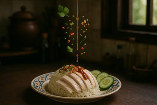 AI generated fragrant thai khao man gai with fresh ingredients falling into ornate thai bowl tender poached chicken aromatic rice savory ginger sauce comfort food