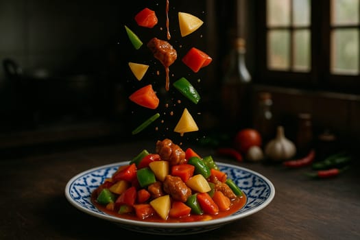 AI generated vibrant thai pad preaw wan with fresh ingredients falling into ornate thai bowl colorful vegetables tangy tamarind sauce balanced sweet sour flavors