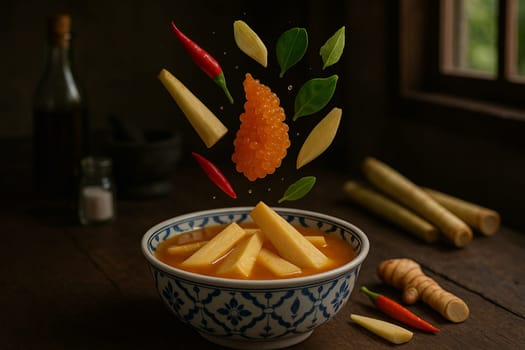 AI generated tangy thai kaeng som nor mai pla riu kiu with fresh ingredients falling into ornate thai bowl fermented fish bamboo shoots spicy herbal broth