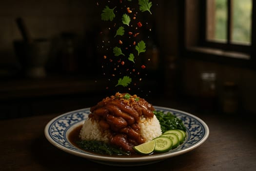 AI generated rich thai khao kha moo with tender braised pork leg and ingredients falling into ornate thai bowl savory five-spice broth melt-in-mouth texture