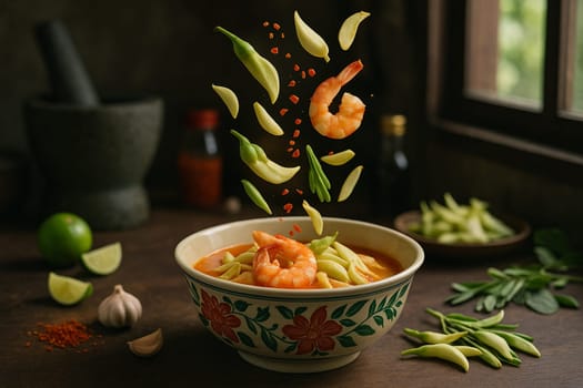 AI generated tangy thai kaeng som dok khae with fresh ingredients falling into ornate thai bowl vibrant tamarind broth edible sesbania flowers healthy herbs