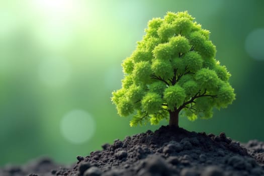 A vibrant green tree stands out on rich dark soil, illuminated by gentle natural light, surrounded by a tranquil forest atmosphere. Sustainable reforestation related concept - Generative AI.