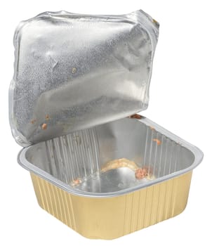 Opened and nearly empty aluminum pet food container with remnants of wet food inside, isolated background