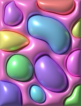 Abstract colorful glossy bubble shapes embedded in a shiny pink surface. Modern, soft, background texture, 3D rendering illustration