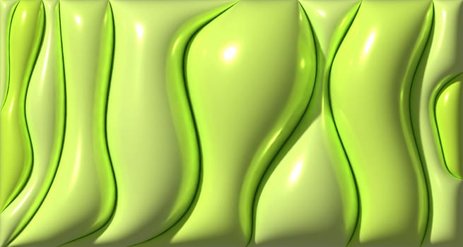 Abstract green glossy surface with smooth flowing curves and reflective highlights, resembling liquid or organic shapes, 3D rendering illustration