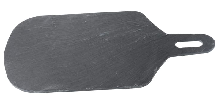 Rectangular black slate board with rounded corners and a handle with a hole is isolated on a white background