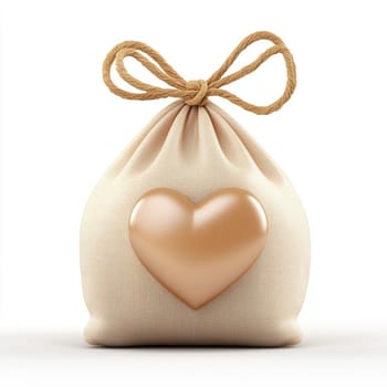 A light beige fabric drawstring bag with a golden heart emblem, displayed on a white background.