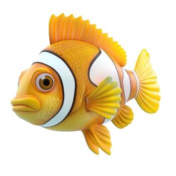 A cartoon representation of a clownfish, featuring bright orange and white coloring, set against a white background.