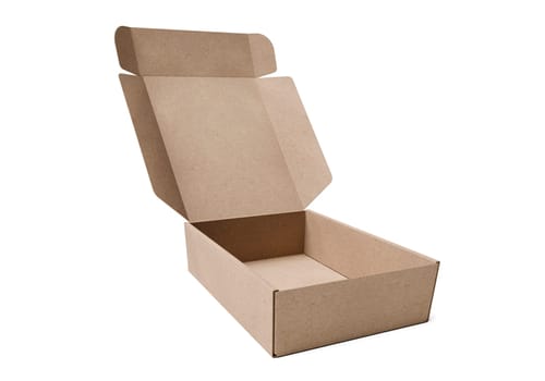 Open empty brown cardboard box on white background