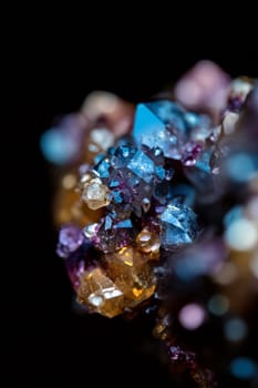 Tiny mineral crystals in various colors emerge from a dark backdrop, showcasing their unique shapes and sparkling facets under gentle lighting. Generative AI.