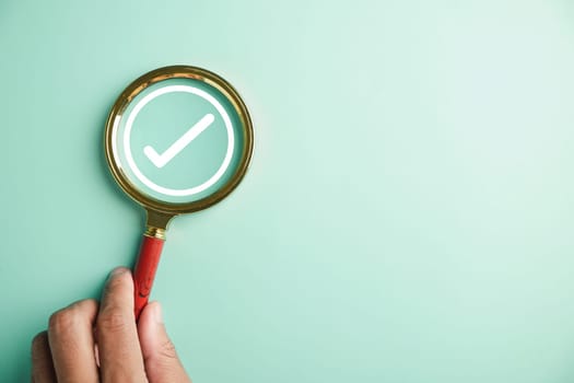 Magnifying glass and check mark icon symbolize the concept of verifying document authenticity. Emphasizing the significance of following rules, conduct, company regulations for success and compliance.