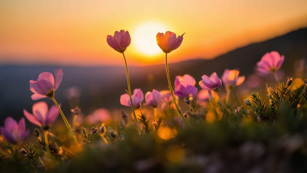 Vibrant flowers stretch toward the golden sun as dusk settles over a serene mountain range, creating a tranquil atmosphere filled with color and light. Generative AI.