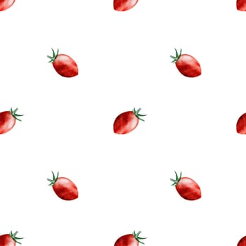 Tomato watercolor pattern. Hand drawn cherry tomatoes on a branch with black pepper. Ideal for textile printing, for packaging tomato products. High quality illustration