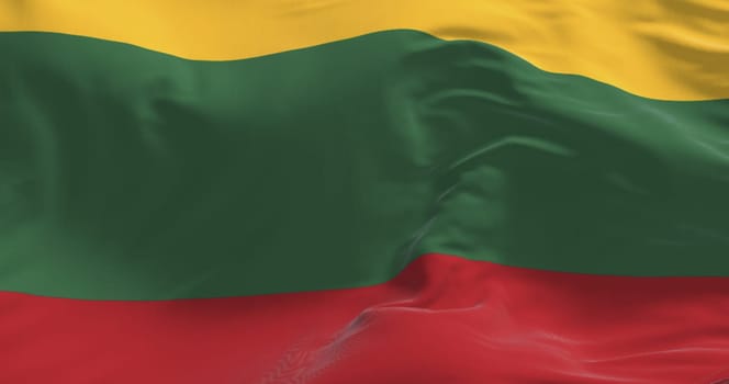 Close-up of National flag of Lithuania waving. Horizontal tricolor of yellow, green, and red stripes. 3D illustration render. Fluttering textile
