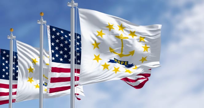 Rhode Island state flag waving with the american flag. Gold anchor in the center surrounded by thirteen gold stars. 3d illustration render. Rippling fabric.
