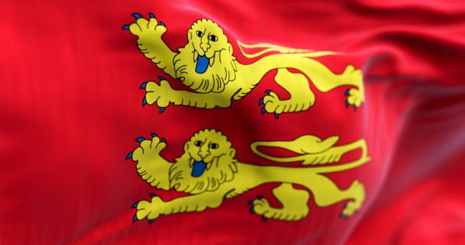 Close-up of of Normandy flag waving in the wind. Normandy is a region in northern France. 3d illustration render. Rippling textile. Selective focus