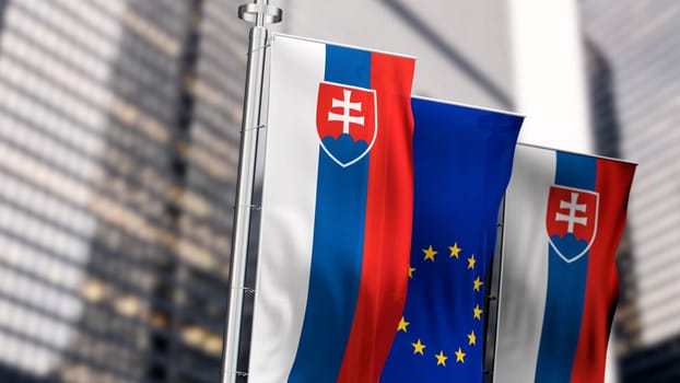 Slovakia and the European Union vertical flags waving in the wind. 3d illustration render. Fluttering fabric. Selective focus