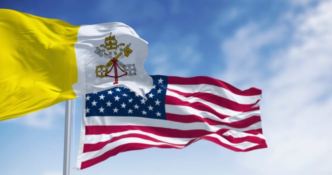 Vatican city flag waving in the wind with the American flag on a clear day. Leo XIV is the first American pope. 3d illustration render. Selective focus. Rippling fabric