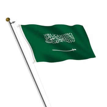 A Saudi Arabia flagpole 3d illustration on white with clipping path