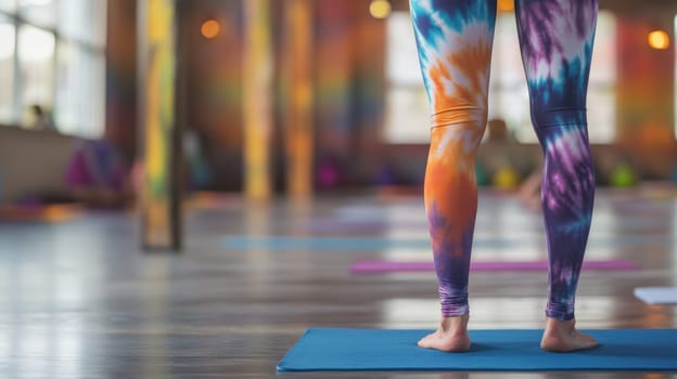 Person wearing tie-dye leggings at a yoga