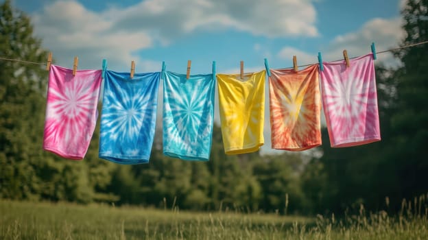 Vibrant tie dye fabric drying on a clothesline in the sun