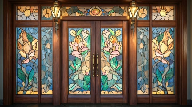 Stained glass door with detailed patterns