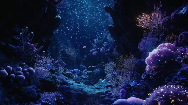 Deep sea scene with bioluminescent creatures in inky blackness