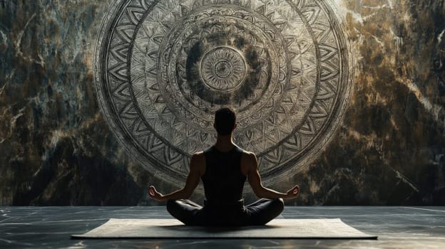 man is meditating near big mandala on the wall