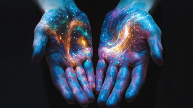 Hands with swirling galaxy paint designs