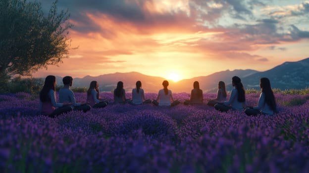 Group meditation circle in a lavender fields
