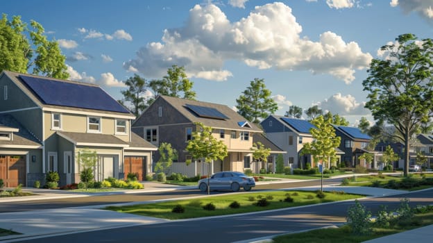 Scene of a suburban neighborhood with houses equipped with rooftop solar panels