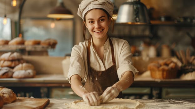 baker proudly showing how she is kneading dough for pastries