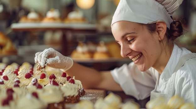 baker proudly showing how she is decorating pastry