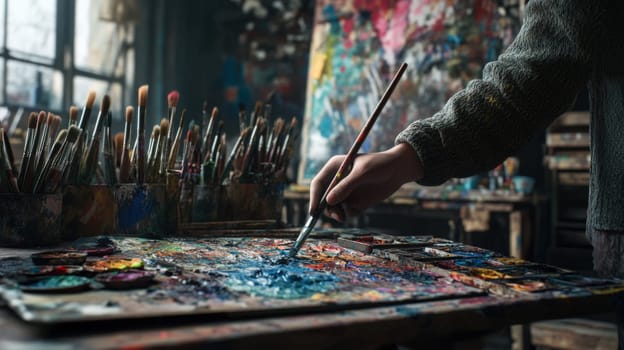 Hands With Paintbrushes In A Chaotic Studio
