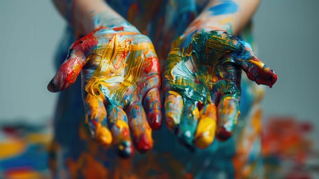 Hands covered in paint splatters