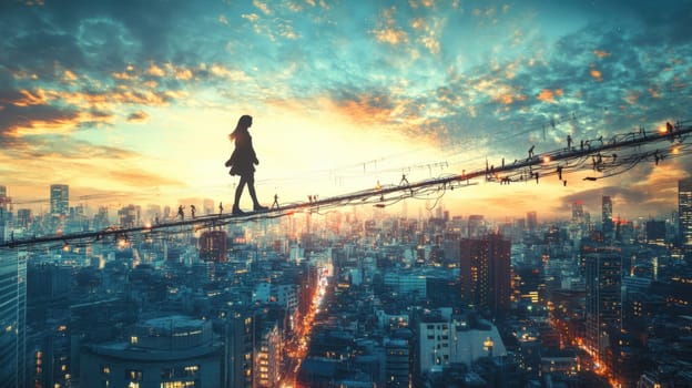 Person walking a tightrope over a cityscape of exaggerated dangers