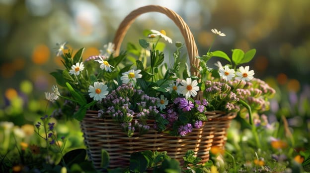 Colorful herbs and flowers in a wicker basket