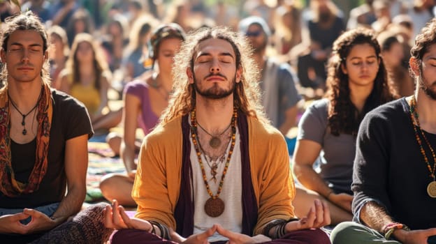 People meditating in a hippie festival