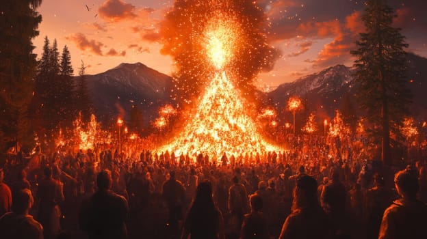 Eclectic crowd around a massive bonfire, some fire spinning