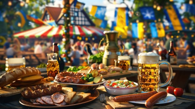 The table includes traditional German dishes such as sausages, pretzels, sauerkraut, potato salad, and beer