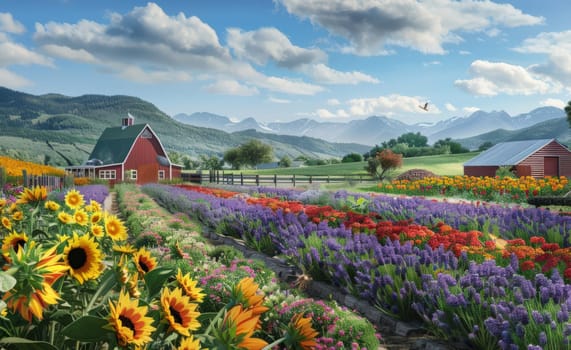 flower farm in full bloom. Fields of vibrant flowers such as sunflowers, lavender, and tulips stretch into the distance
